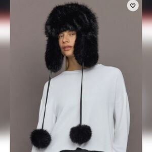 jocelyn Black Faux Fur Trapper Hat with Pom Poms NWOT